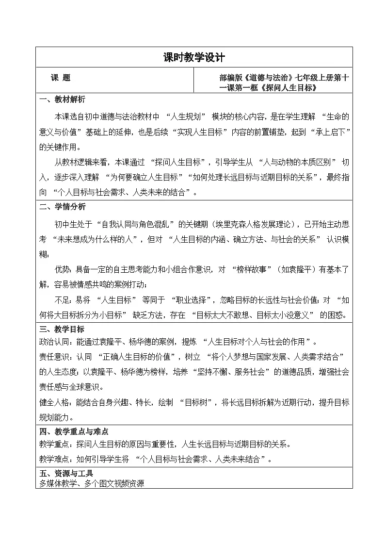 11.1 探问人生目标 教学设计 2025-2026学年道德与法治 七年级上册 统编版第1页