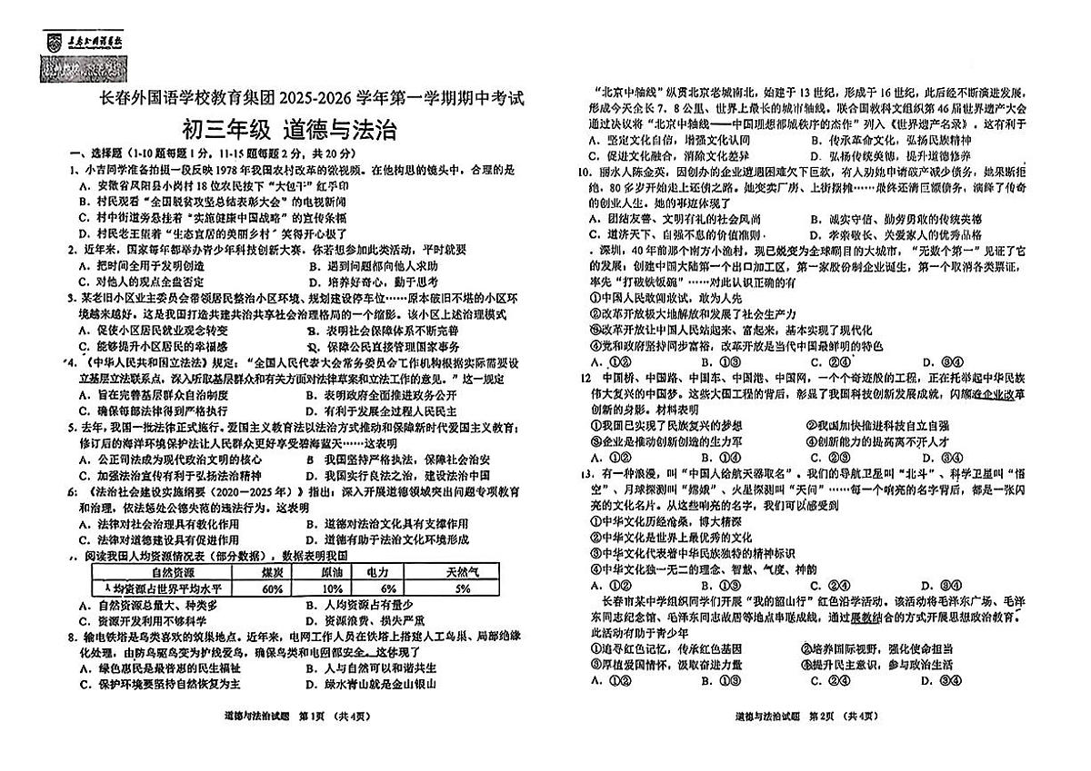 吉林省长春市长春外国语学校教育集团+2025-2026学年九年级上学期期中道德与法治试卷第1页