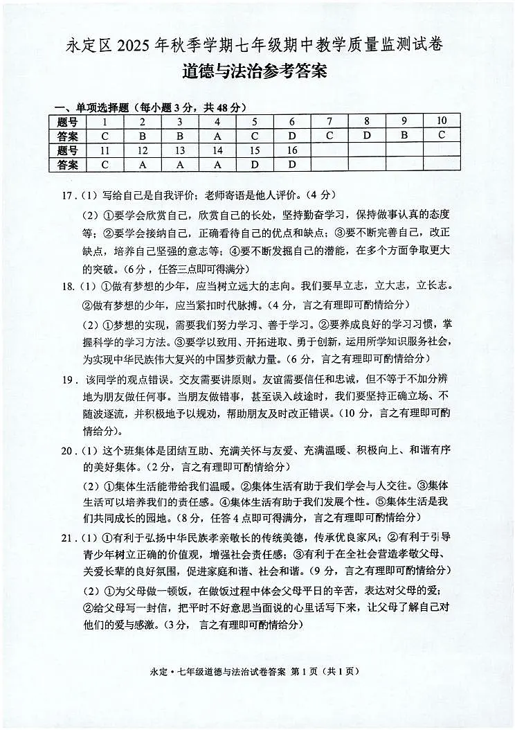 永定区2025年秋季学期七年级期中教学质量监测试卷·道德与法治（参考答案）第1页