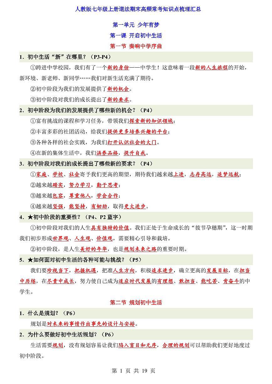 人教版七年级上册道法期末高频常考知识点梳理汇总第1页