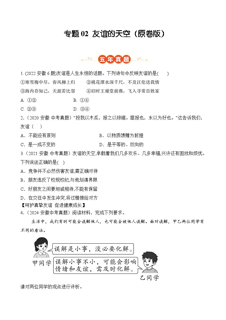 专题02  友谊的天空（安徽专用）（原卷版）第1页