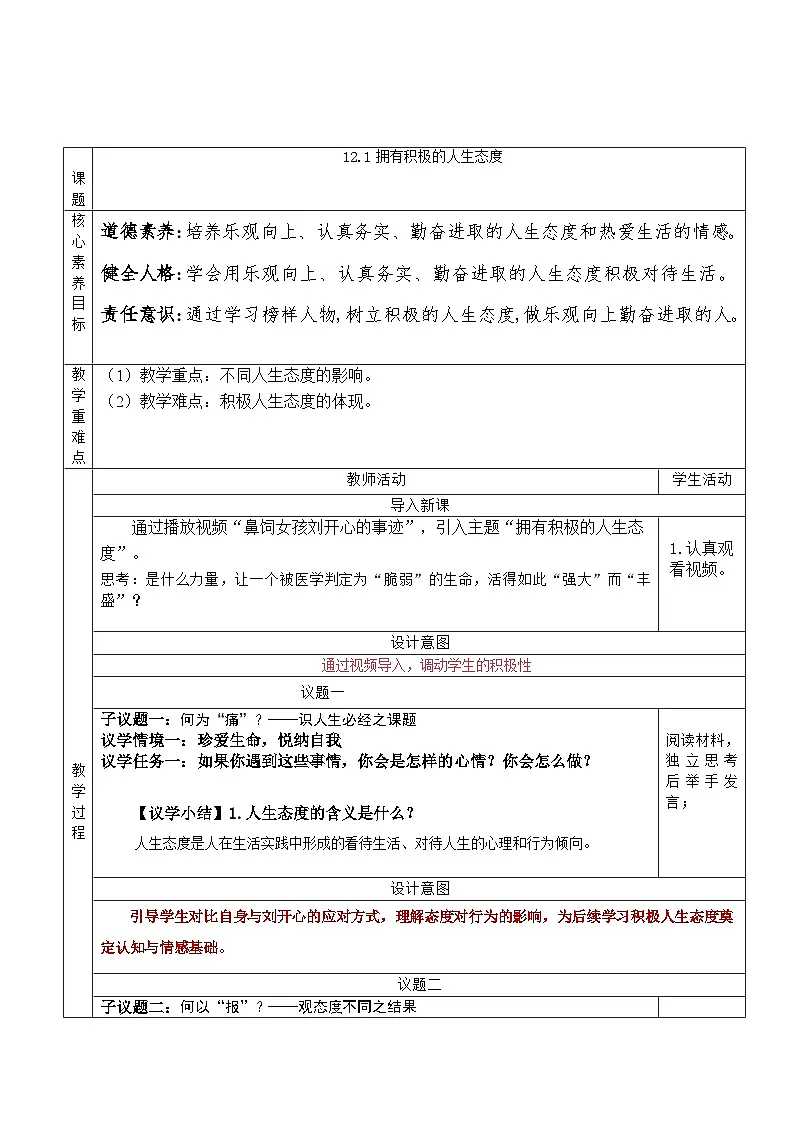 部编人教版初中道德与法治七年级上册12.1拥有积极的人生态度 教学设计第1页
