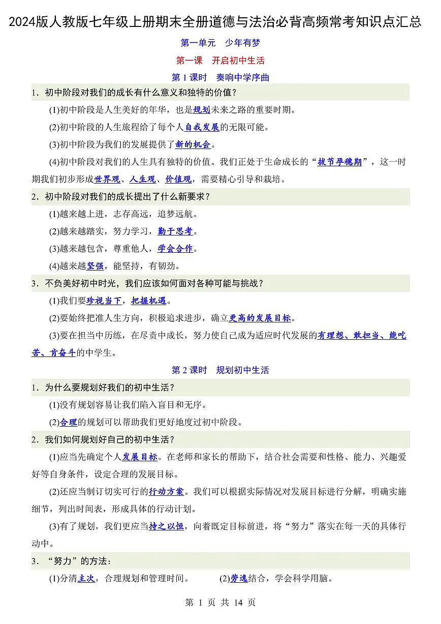 2024版人教版七年级上册期末全册道德与法治必背高频常考知识点汇总第1页