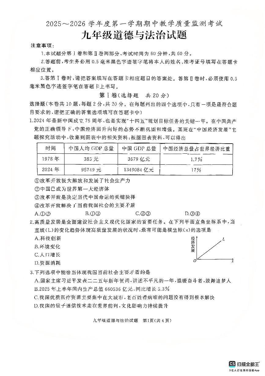 山东省济宁市曲阜市 2025-2026学年九年级上学期期中考试道德与法治试题第1页