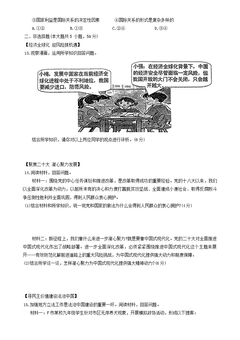 安徽省阜阳市颍东区 2024-2025学年九年级上学期期末道德与法治试卷-A4第3页