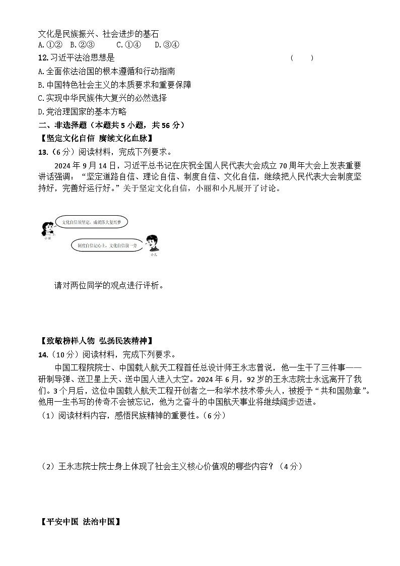 安徽省怀远县褚集镇中心学校2024-2025学年九年级下学期期中质量监测道德与法治试卷-A4第3页
