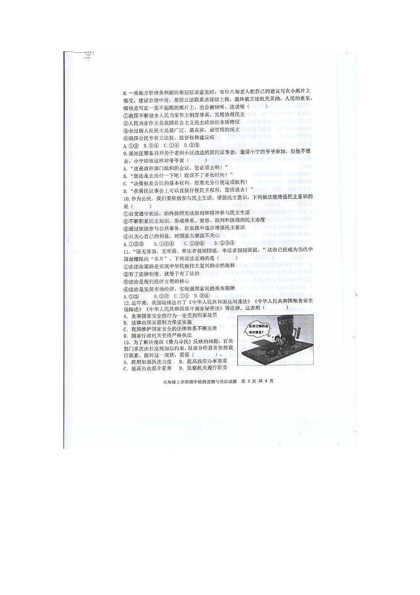山东省新泰市2025-2026学年(五四学制)九年级上学期11月期中道德与法治试题第3页