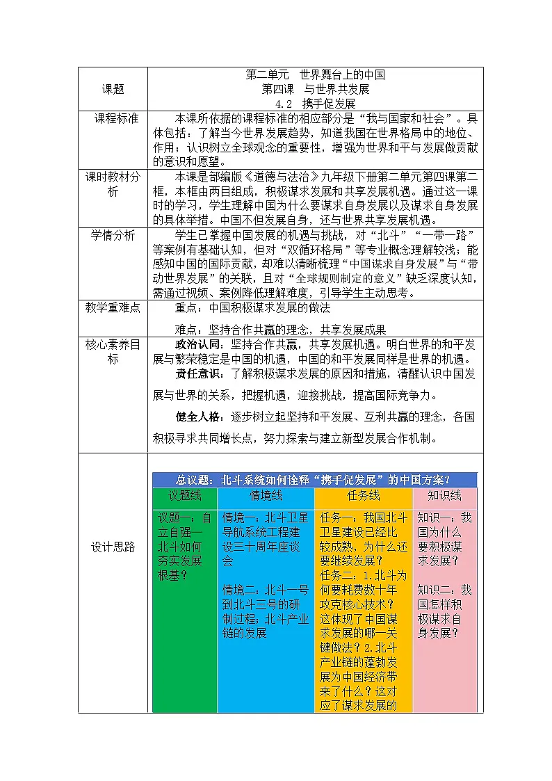 部编人教版初中道德与法治九年级下册4.2携手促发展 教学设计第1页