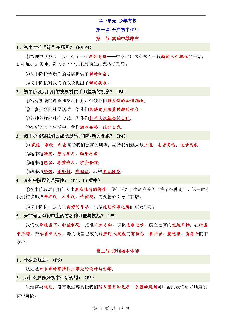2024版人教版七年级上册道法期末全册高频常考核心知识点梳理第1页