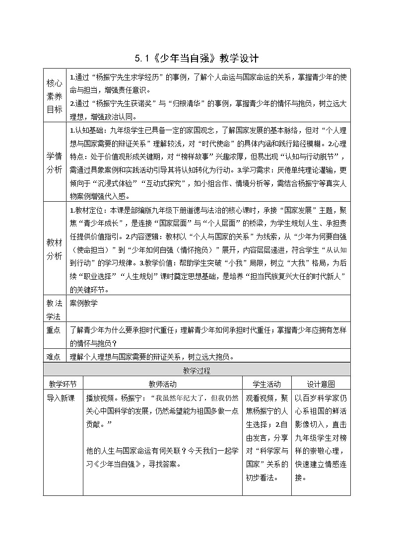 5.2《少年当自强》教案  -2024-2025学年统编版道德与法治九年级下册第1页