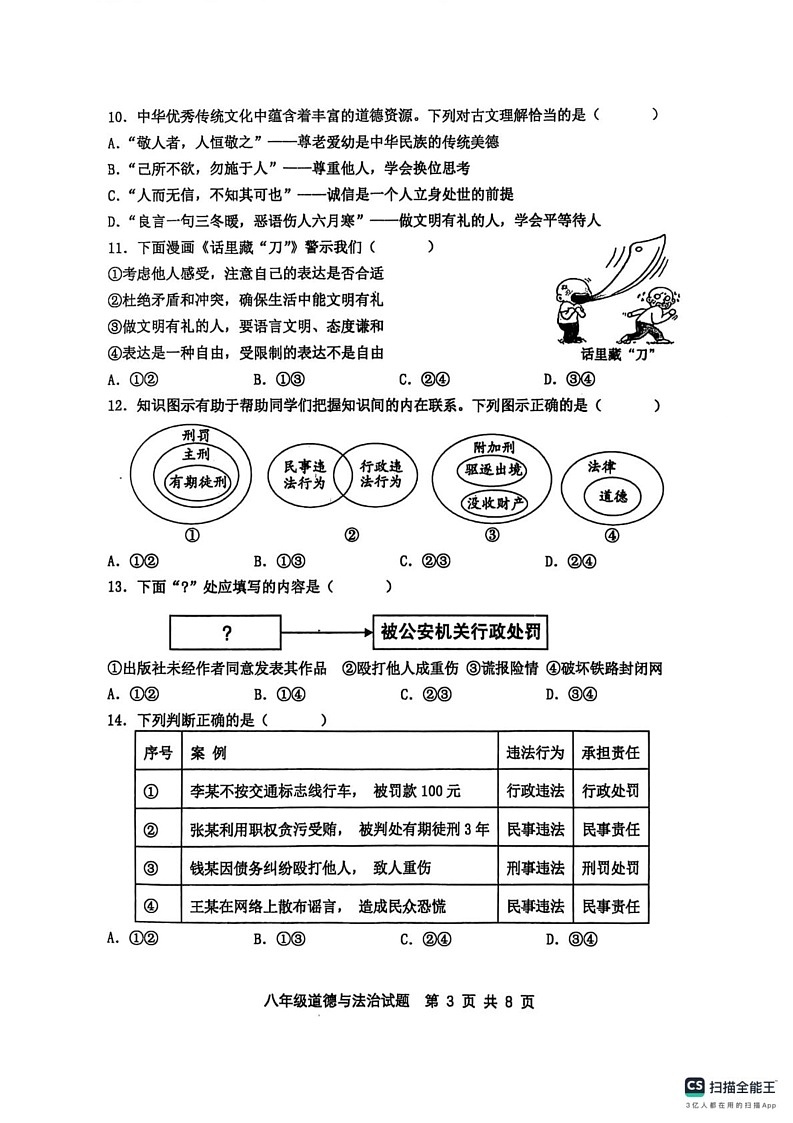 山东省滨州市惠民县2024-2025学年八年级上学期1月期末道德与法治试题第3页