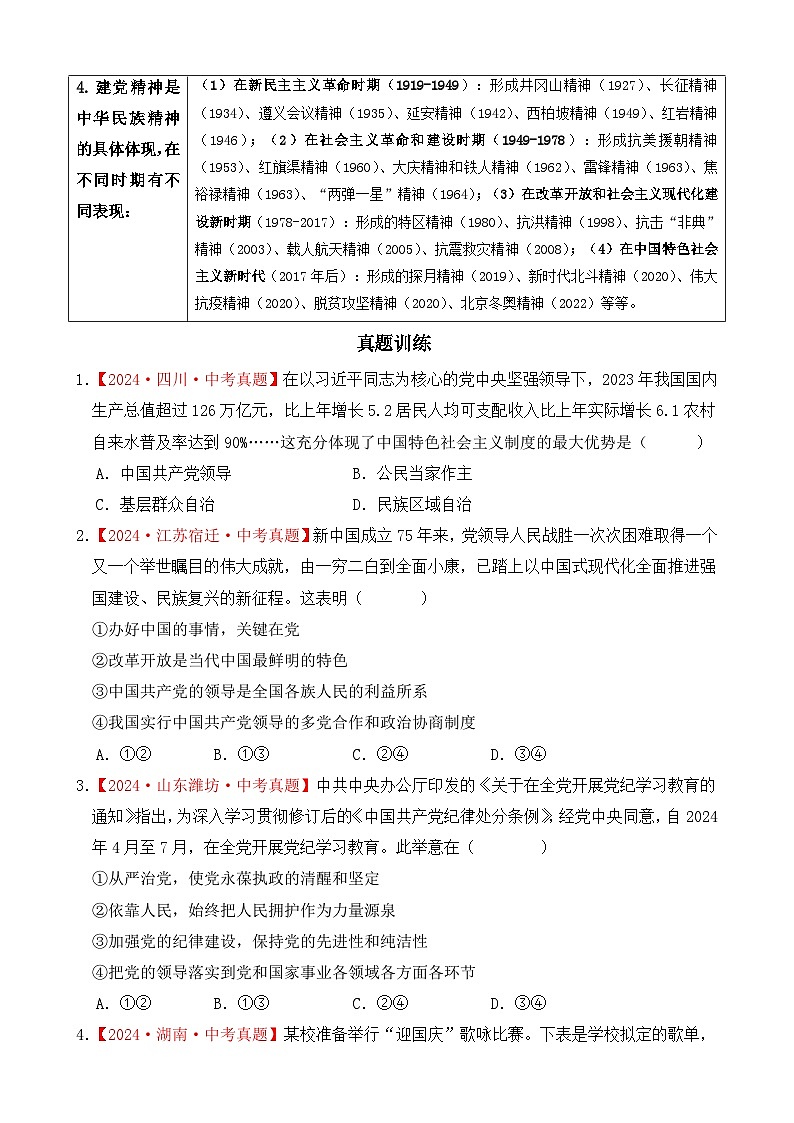 2026年中考道德与法治一轮复习：专题五 革命传统教育 考点梳理+真题练习题汇编（含答案）第2页