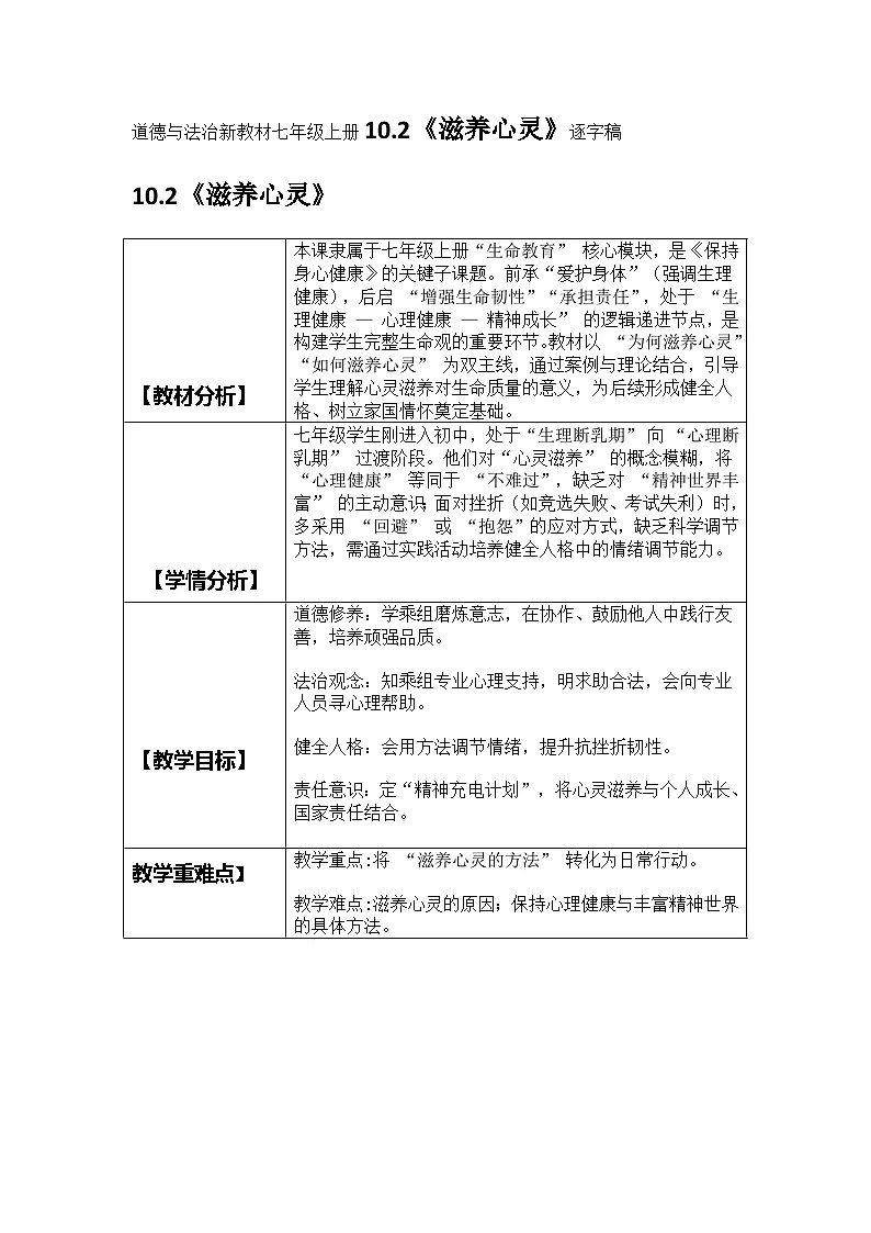 部编人教版初中道德与法治七年级上册10.2《滋养心灵》教案第1页
