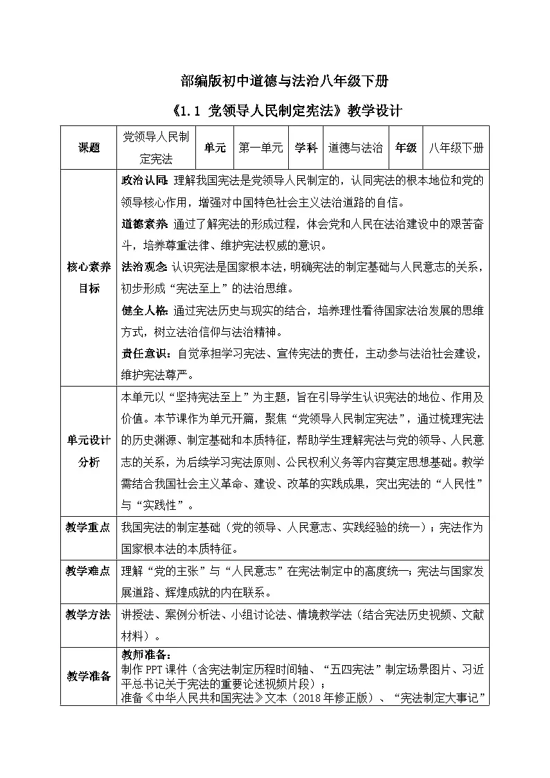 部编版初中道法八年级下册 《1.1 党领导人民制定宪法》教案第1页