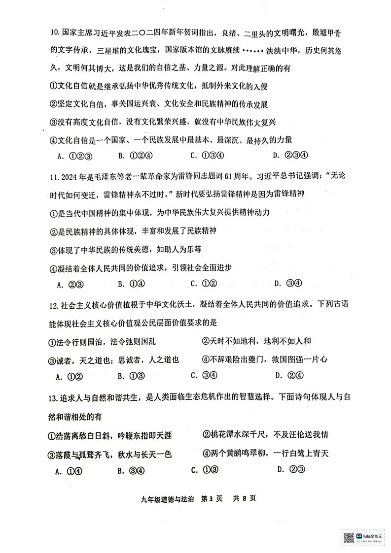 广东省恩平市2024-2025学年九年级上学期1月期末道德与法治试题第3页