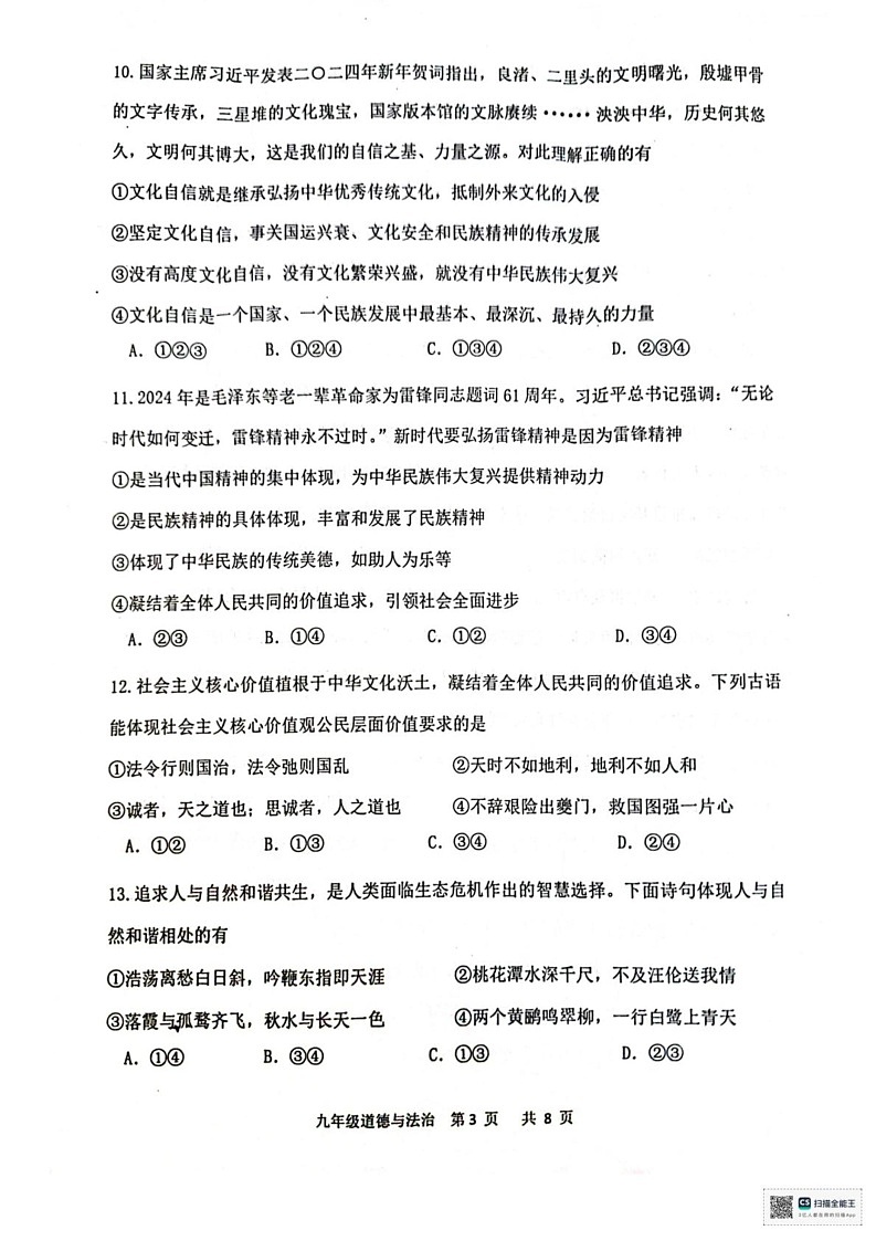 广东省恩平市2024-2025学年九年级上学期1月期末道德与法治试题第3页
