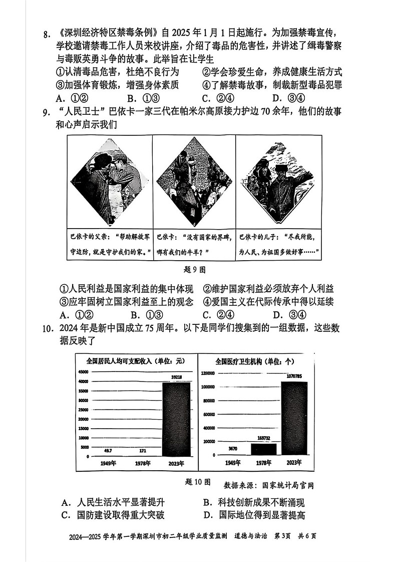 广东省深圳市 2024-2025学年八年级上学期期末道德与法治试卷第3页