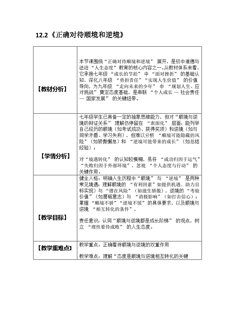 部编人教版初中道德与法治2025-2026学年七年级上册 12.2《正确对待顺境和逆境》 教案第1页