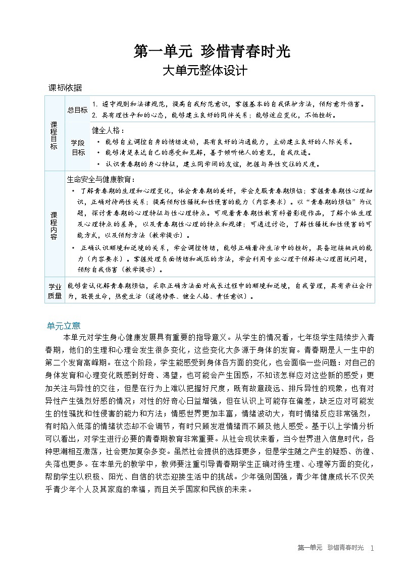 1.1 青春的邀约 教学设计 (表格式） 2025-2026学年统编版道德与法治七年级下册第1页