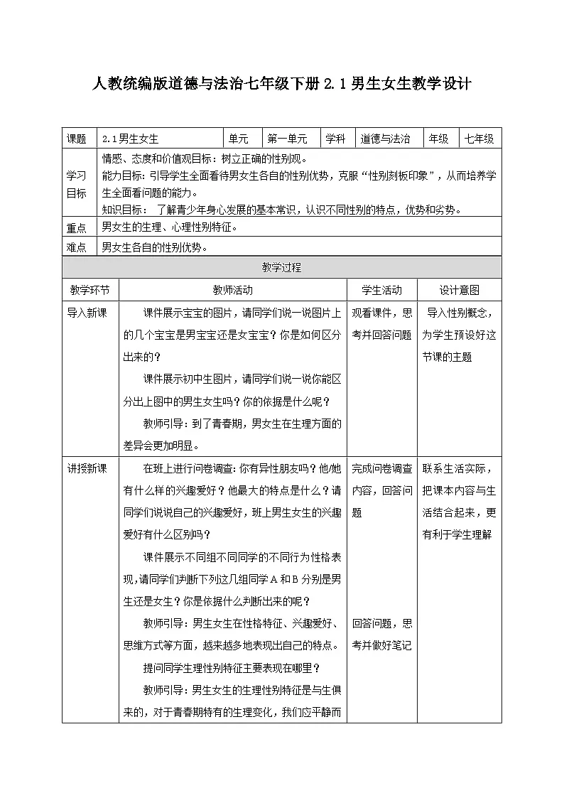 教案：人教版部编初中道法七下1-2-1男生女生（丰富知识型）第1页