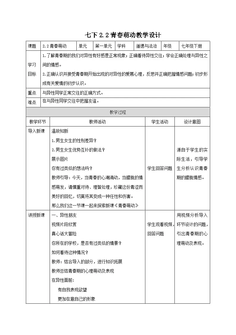 人教版部编初中道法七下1-2-2《青春萌动》教学设计第1页