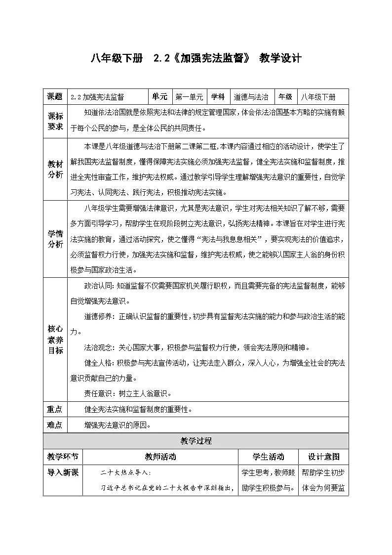 人教版部编初中道法八下1-2-2《加强宪法监督》教学设计第1页
