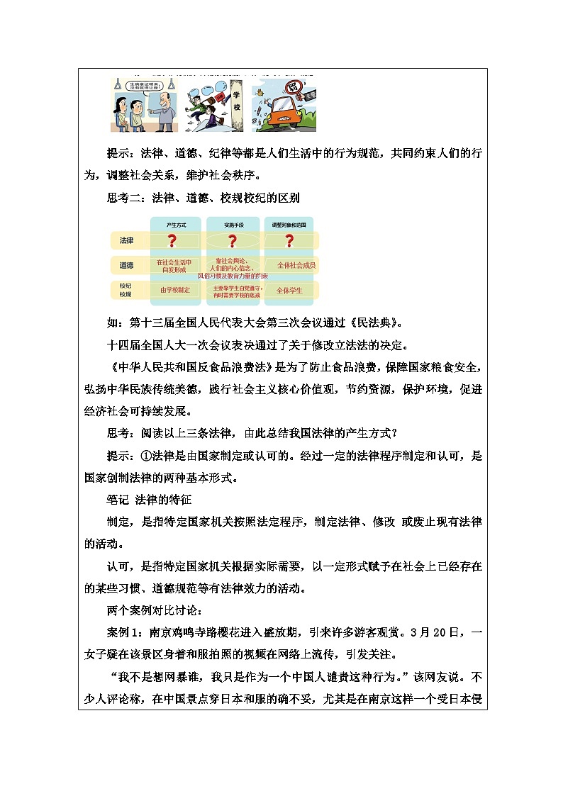 道德与法制统编版七下第四单元九课《法律在我们身边 法律保障生活》表格式教案第2页