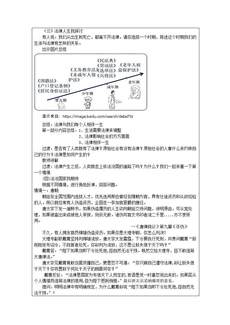 道德与法制统编版七下第四单元九课《法律在我们身边 生活需要法律》表格式教案第2页