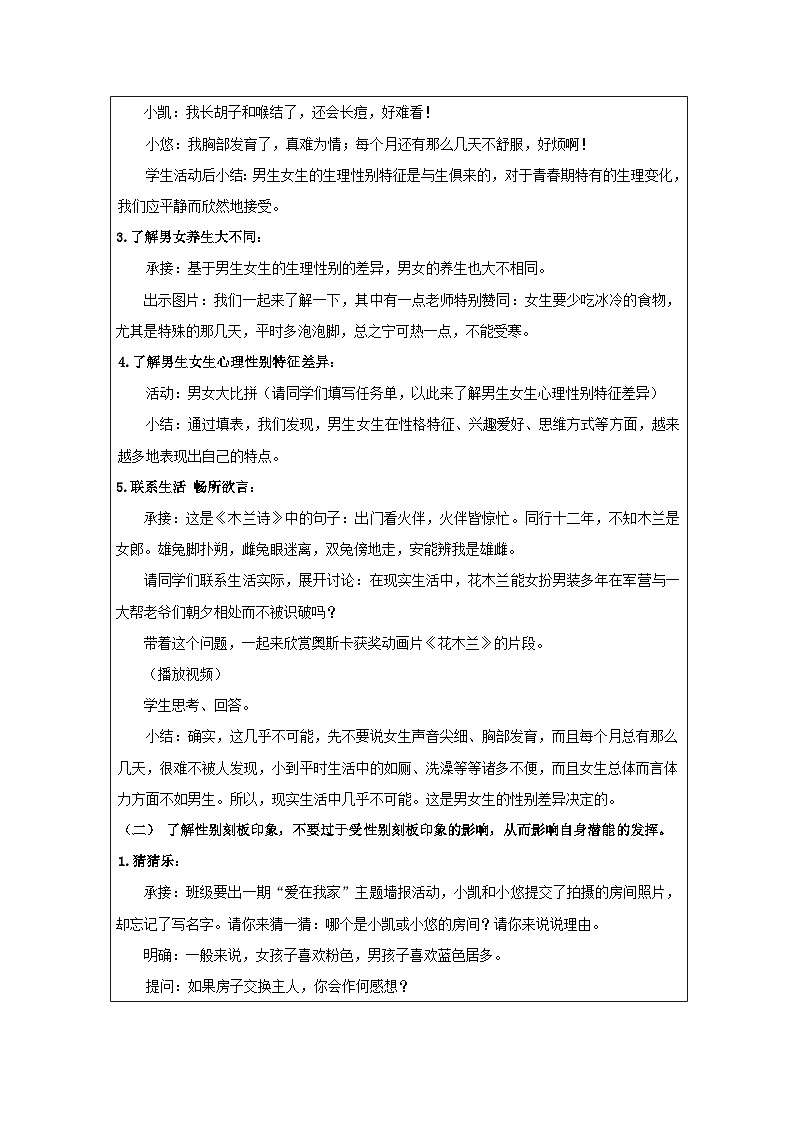道德与法制统编版七下第一单元二课《青春的心弦 男生女生》表格式教案第2页