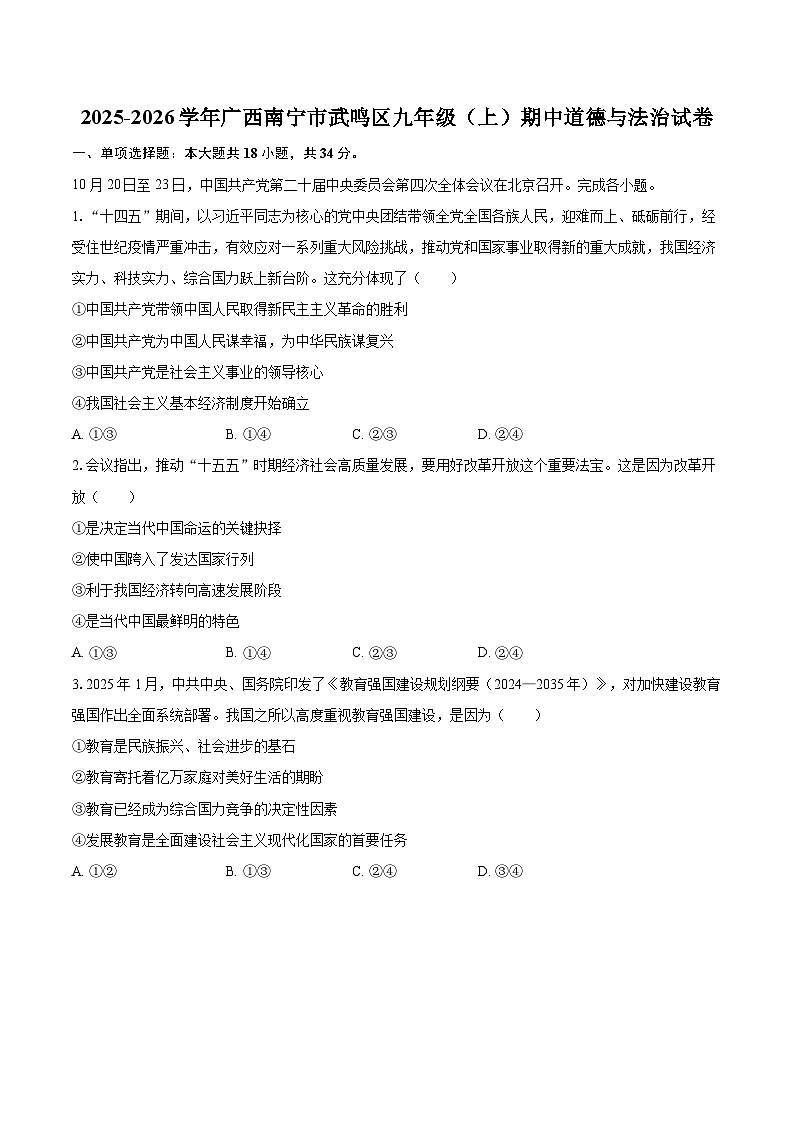 2025-2026学年广西南宁市武鸣区九年级（上）期中道德与法治试卷-自定义类型第1页