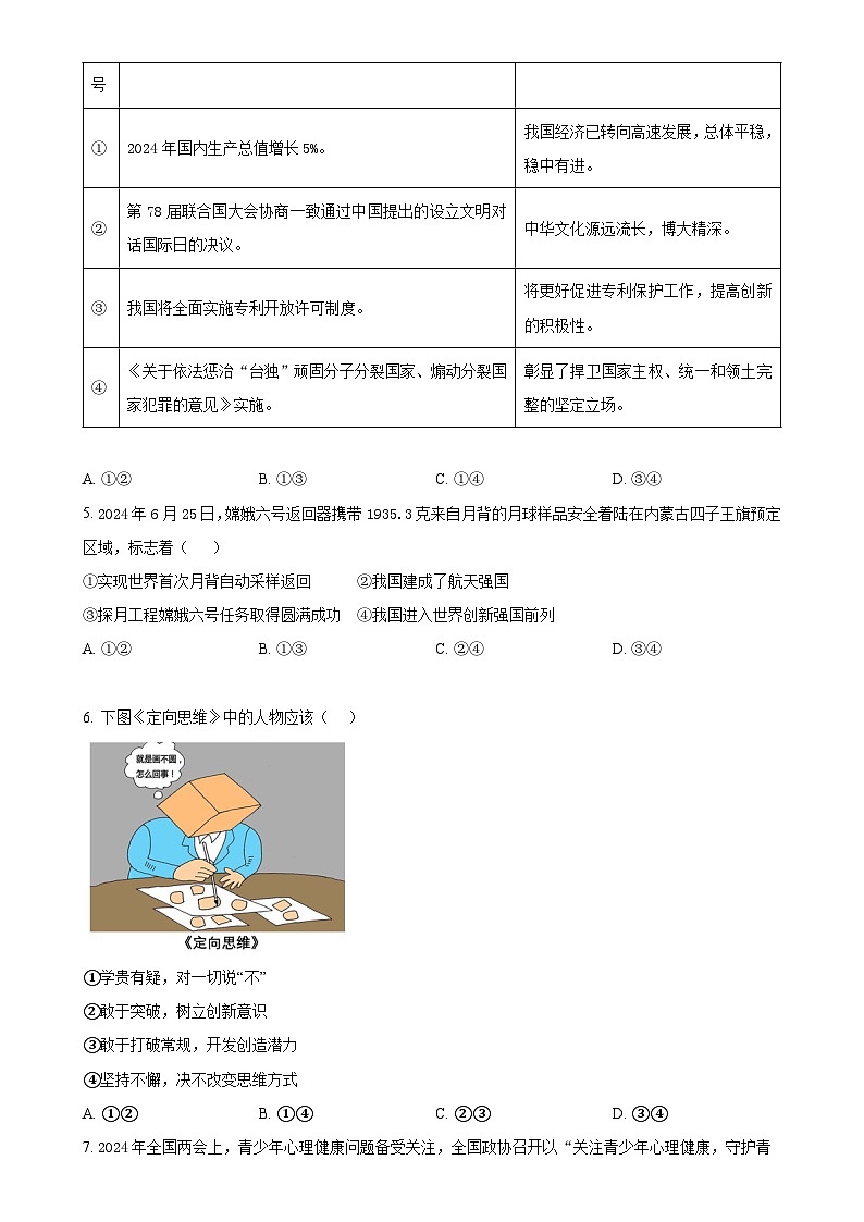 福建省厦门市双十中学等六校2024-2025年九年级下学期期中道德与法治试题（原卷版）-A4第2页