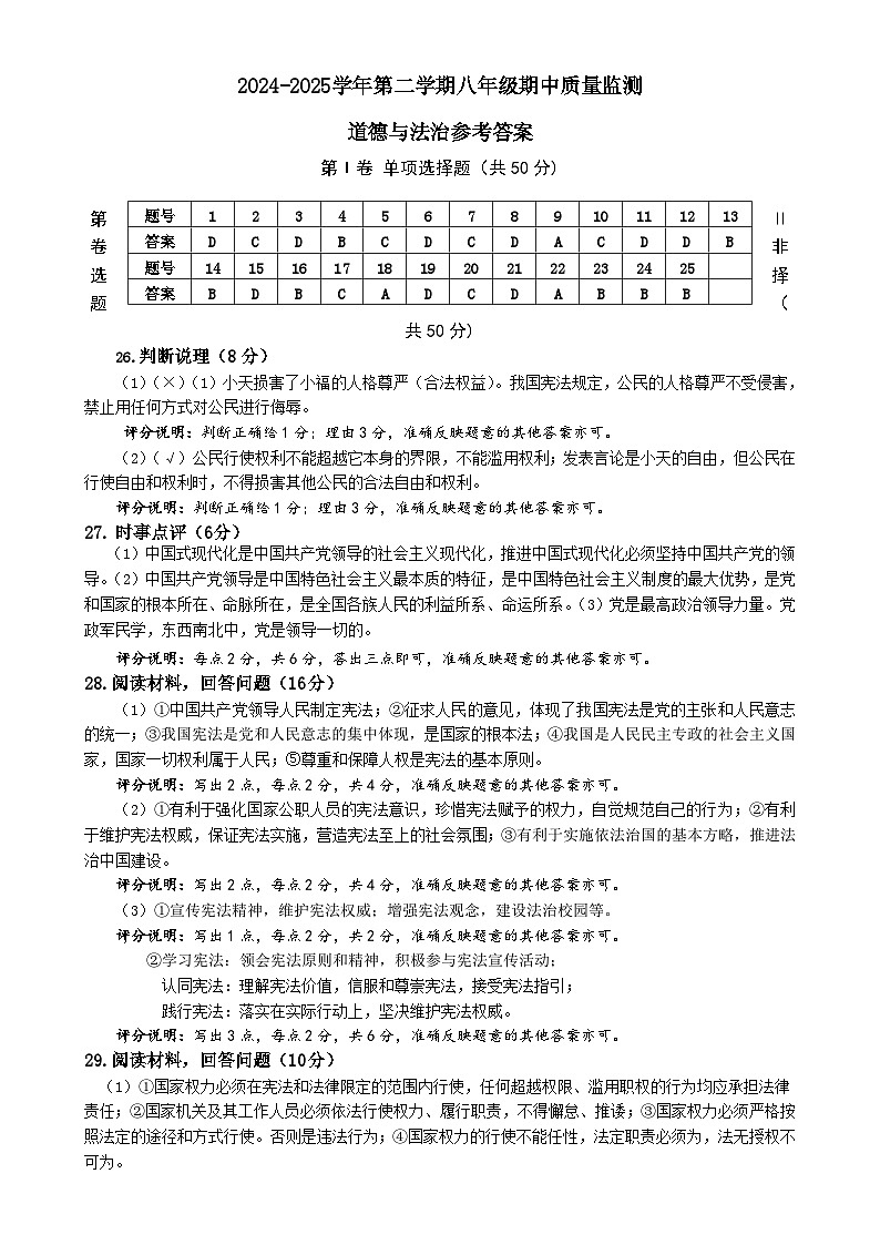 建瓯市第二学期八年级期中质量监测道德与法治参考答案-A4第1页