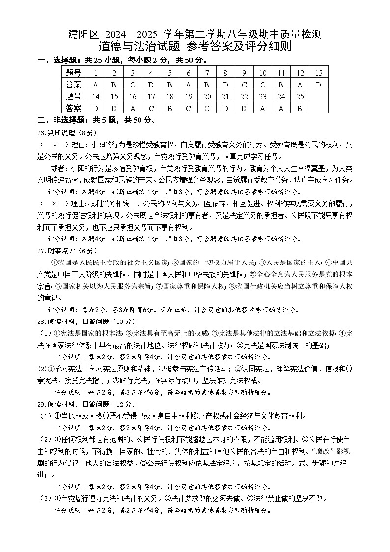 建阳区2024—2025学年第二学期八年级期中质量抽测道德与法治试题     参考答案及评分说明-A4第1页