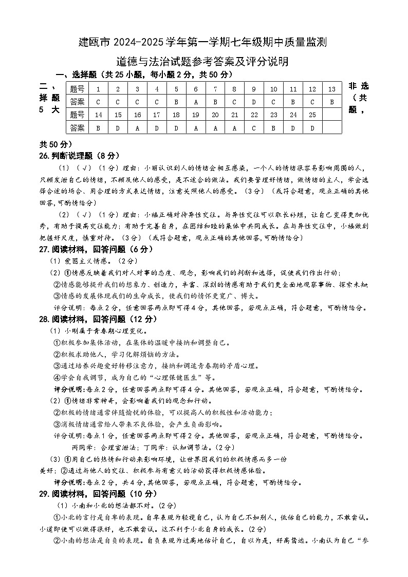 建瓯市第二学期七年级道德与法治期中质量监测参考答案及评分说明-A4第1页