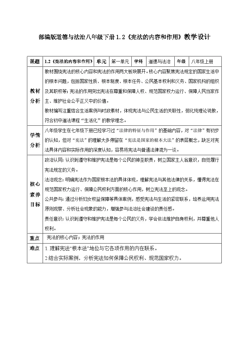 1.2 宪法的内容和作用（教学设计）2025-2026学年统编版 道德与法治 八年级下册第1页