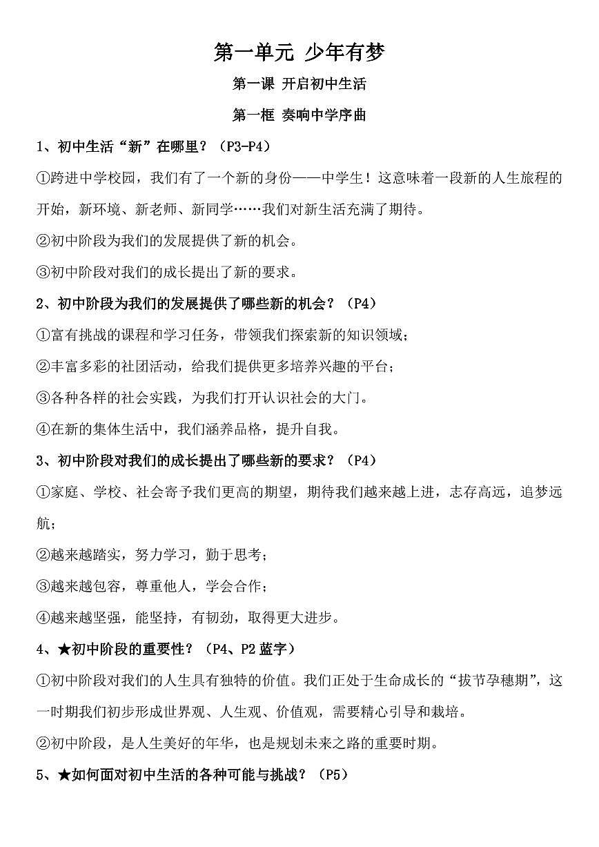 2024版人教版七年级上册道德与法治全册期末高频常考知识点总结汇总第1页