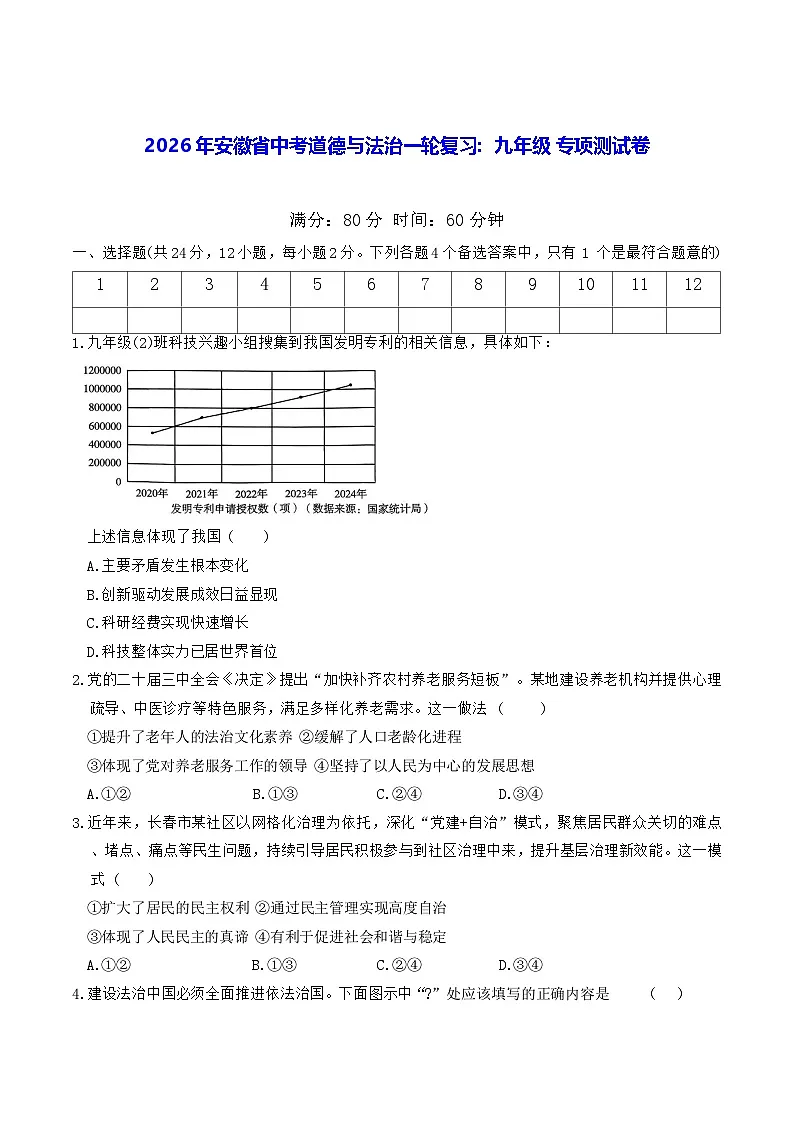 2026年安徽省中考道德与法治一轮复习：九年级 专项测试卷（含答案）第1页