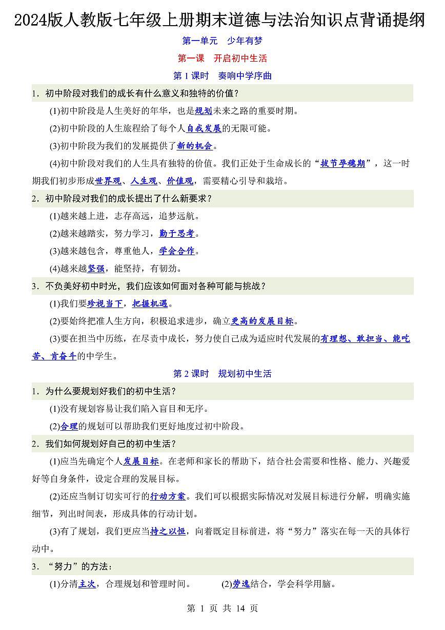 2024版人教版七年级上册道德与法治期末知识点背诵提纲第1页