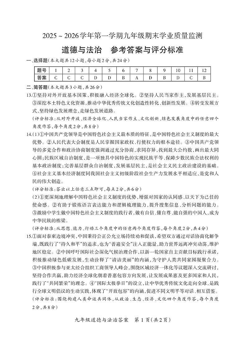 （质量监测卷）九年级期末·道德与法治答案第1页