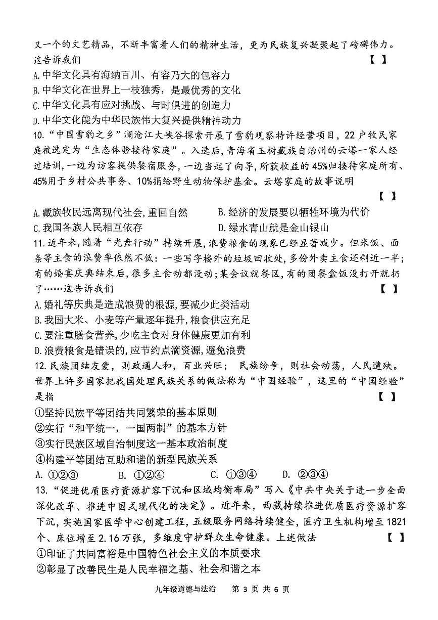 河南省驻马店市实验中学2024-2025学年九年级上学期期末道德与法治试卷第3页