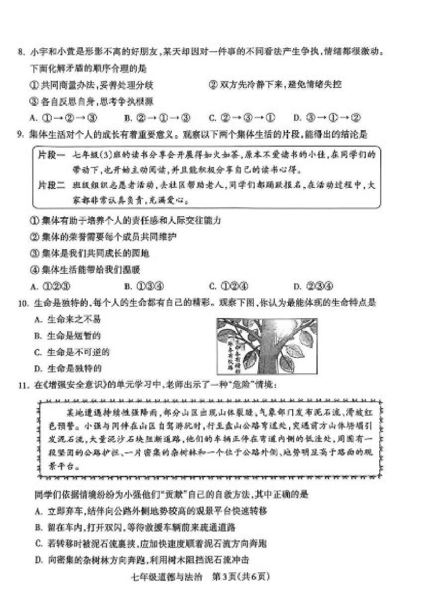 2025-2026学年山西省晋中市多校第一学期1月期末考试七年级道德与法治试卷（含答案）第3页