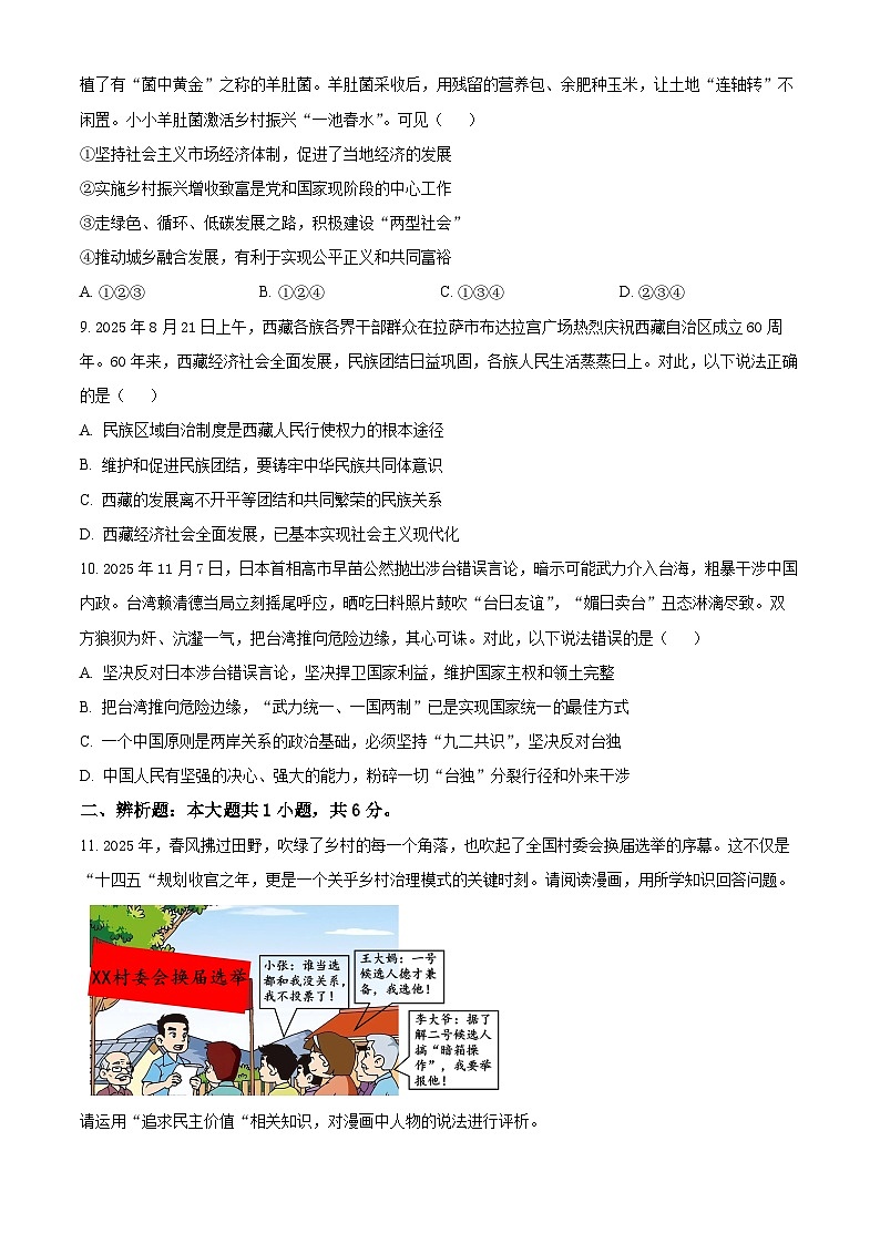重庆市大足区2025-2026学年九年级上学期期末道德与法治试卷（试卷+解析）第3页