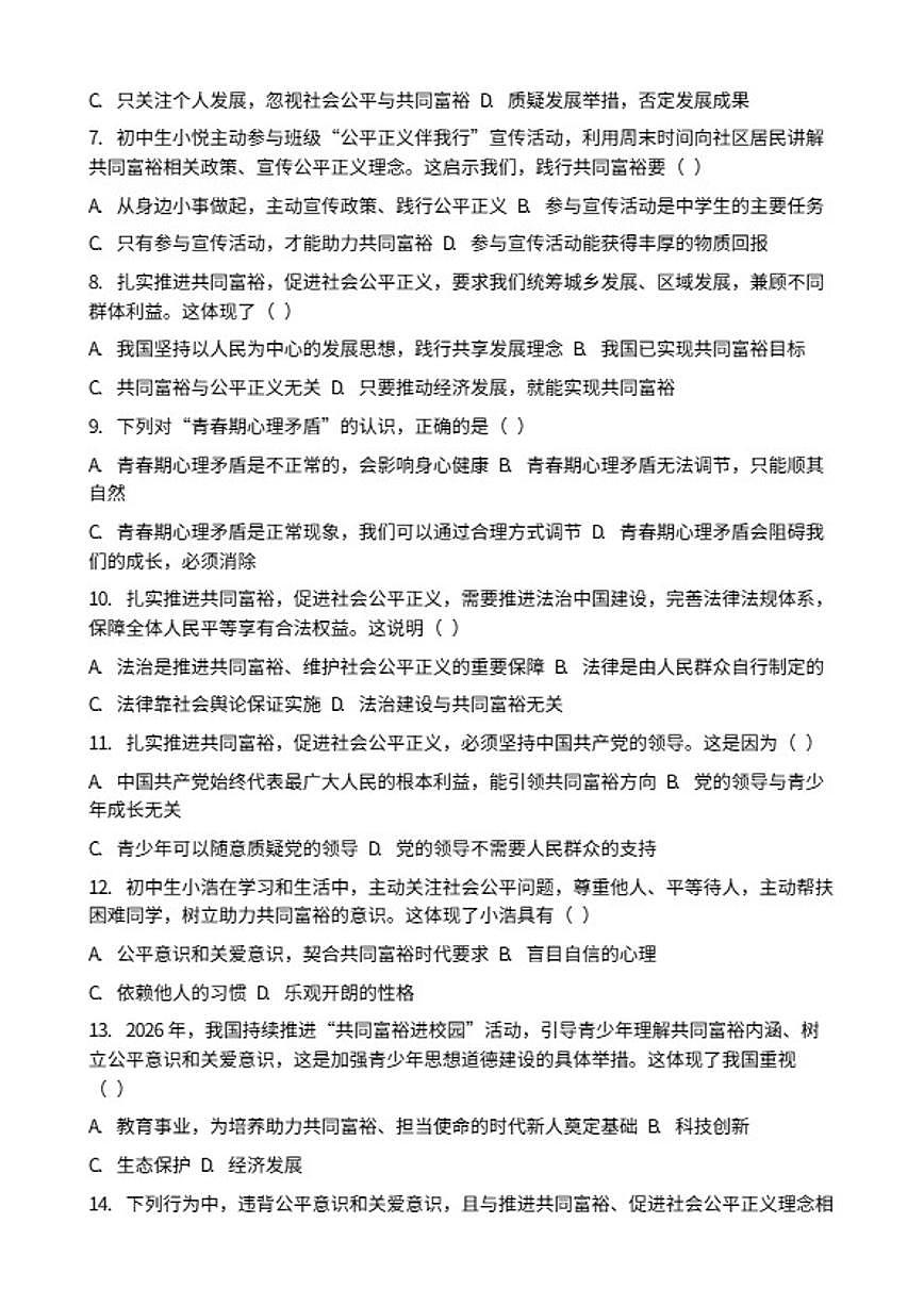2026年中考道德与法治热点专题训练：扎实推进共同富裕，促进社会公平正义专项卷（含答案）第2页