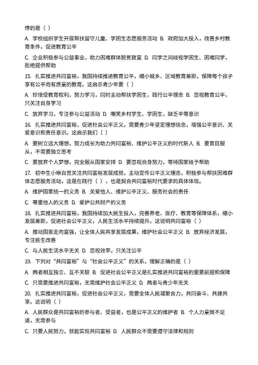2026年中考道德与法治热点专题训练：扎实推进共同富裕，促进社会公平正义专项卷（含答案）第3页