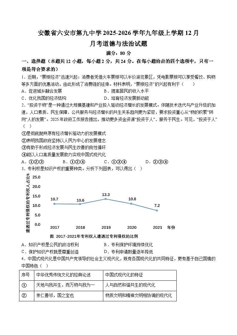 【9道期末】安徽省六安市第九中学2025-2026学年九年级上学期12月月考道德与法治试题（含解析）第1页