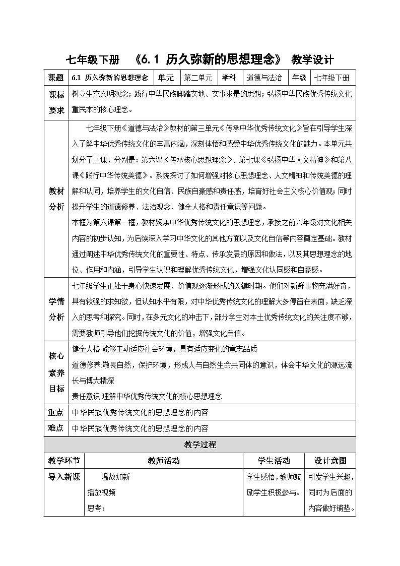 6.1历久弥新的思想理念（教学设计）   2025-2026学年道德与法治 七年级下册 统编版第1页