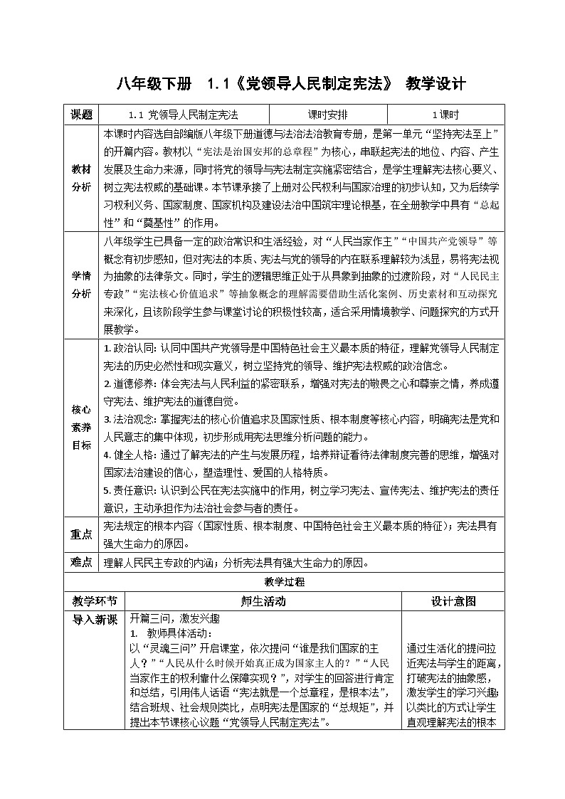 1.1党领导人民制定宪法 教案 2025-2026学年道德与法治 八年级下册 统编版第1页