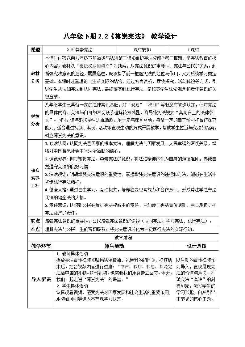 2.2尊崇宪法 教案 2025-2026学年道德与法治 八年级下册 统编版第1页