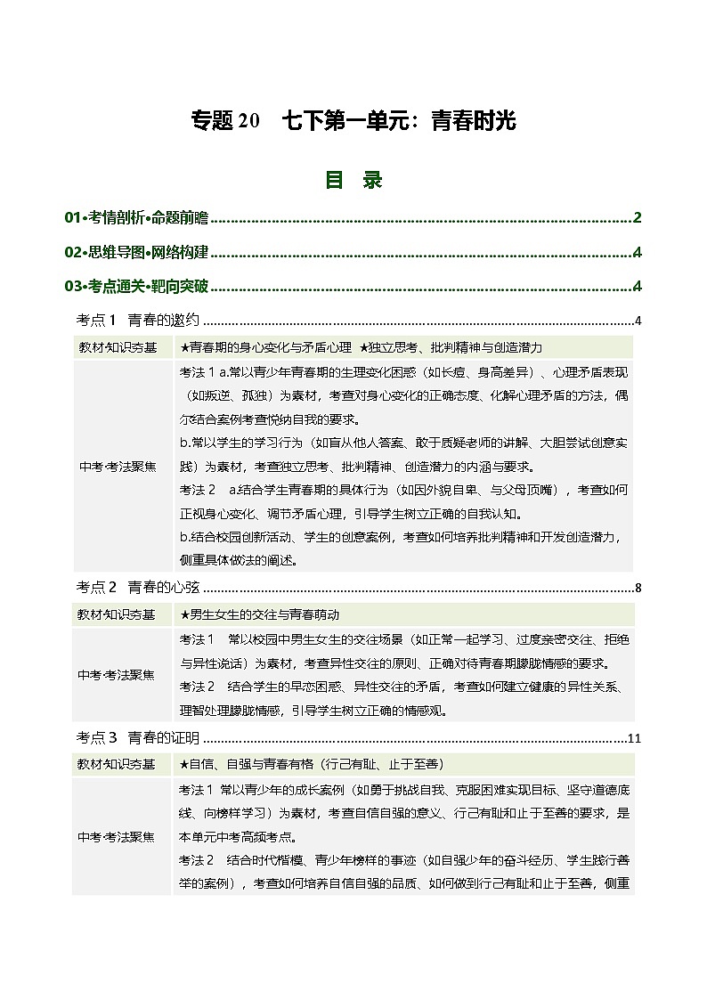 专题20 青春时光（复习讲义）2026年中考道德与法治一轮复习讲练测含答案第1页