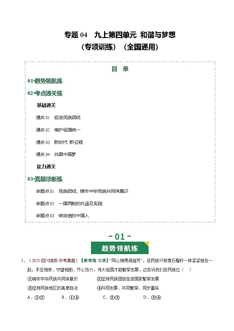 2026年中考道德与法治一轮复习讲练测专题04  和谐与梦想（专项训练）（全国通用）（解析版）含答案第1页